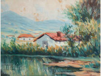 Παλιός πίνακας γκουάς, σκηνή καθημερινής ζωής, σπίτια