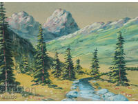 Old gouache painting, mountain landscape