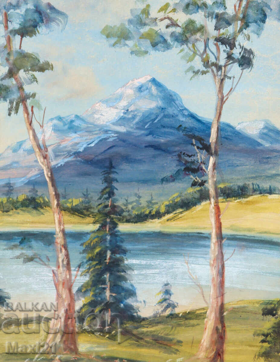 Auction  Old gouache painting, mountain landscape, lake