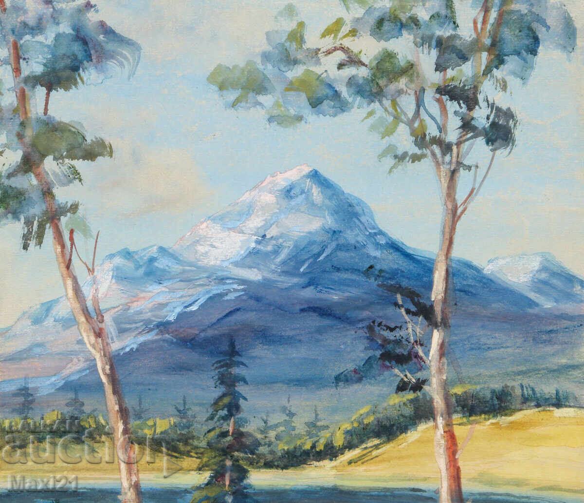 Delivery of Old gouache painting, mountain landscape, lake