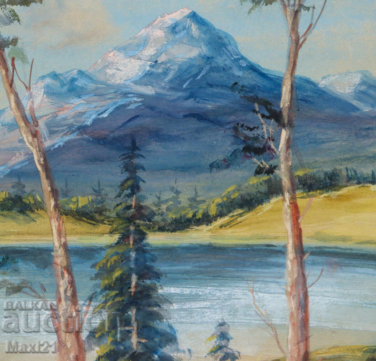 Old gouache painting, mountain landscape, lake - 5