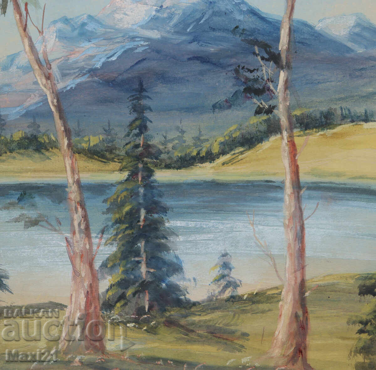 Old gouache painting, mountain landscape, lake - 6