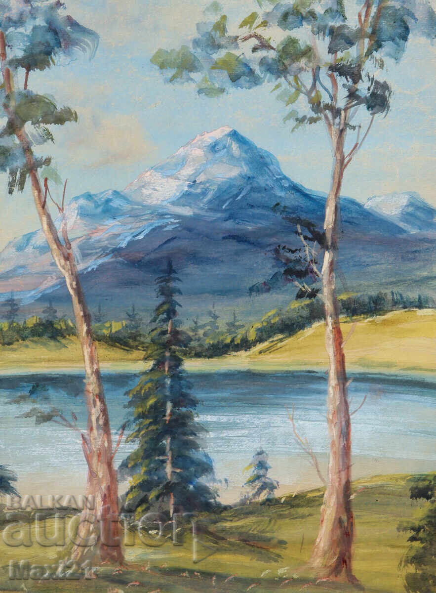 Old gouache painting, mountain landscape, lake