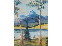 Old gouache painting, mountain landscape, lake