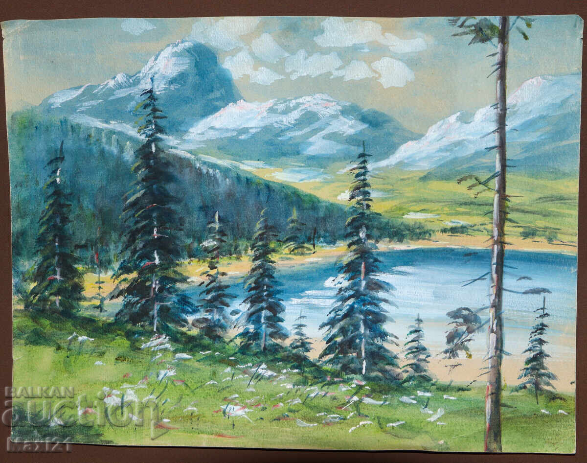 Παλαιός πίνακας γκουάς όμορφο ορεινό τοπίο λίμνη με τιμή 200.00 BGN | € 102.26