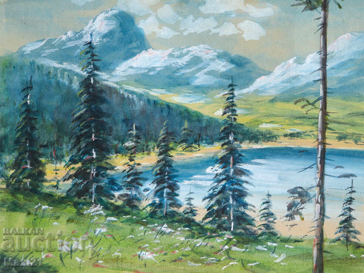 Δημοπρασία Παλαιός πίνακας γκουάς όμορφο ορεινό τοπίο λίμνη