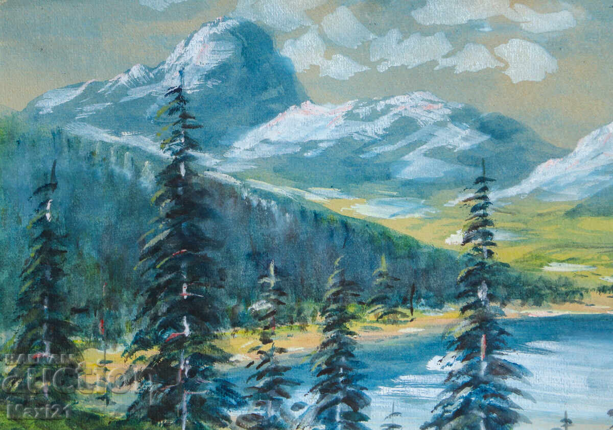 Παράδοση Παλαιός πίνακας γκουάς όμορφο ορεινό τοπίο λίμνη