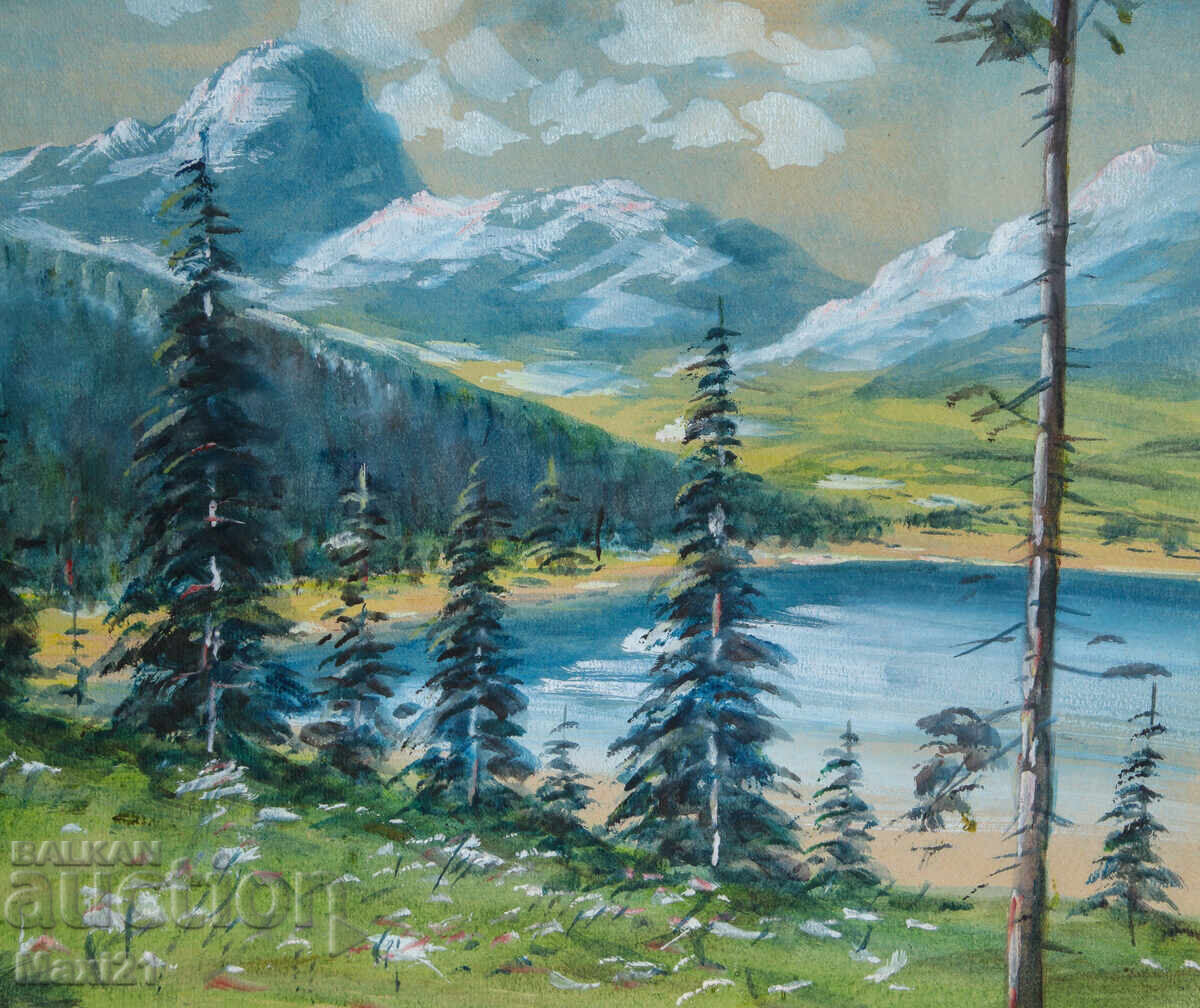 Παλαιός πίνακας γκουάς όμορφο ορεινό τοπίο λίμνη - 6