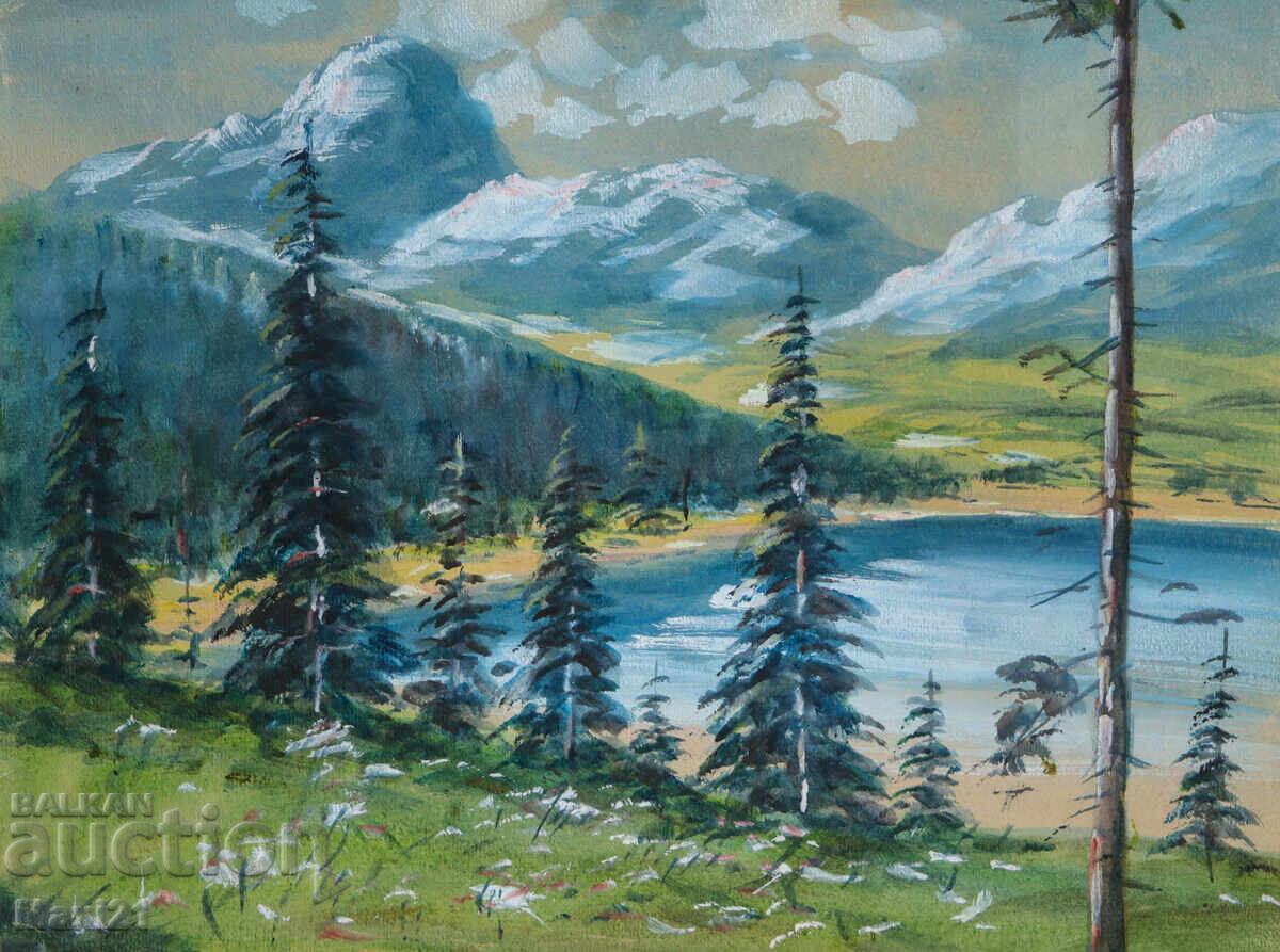 Παλαιός πίνακας γκουάς όμορφο ορεινό τοπίο λίμνη