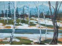 Old gouache painting, winter landscape, river