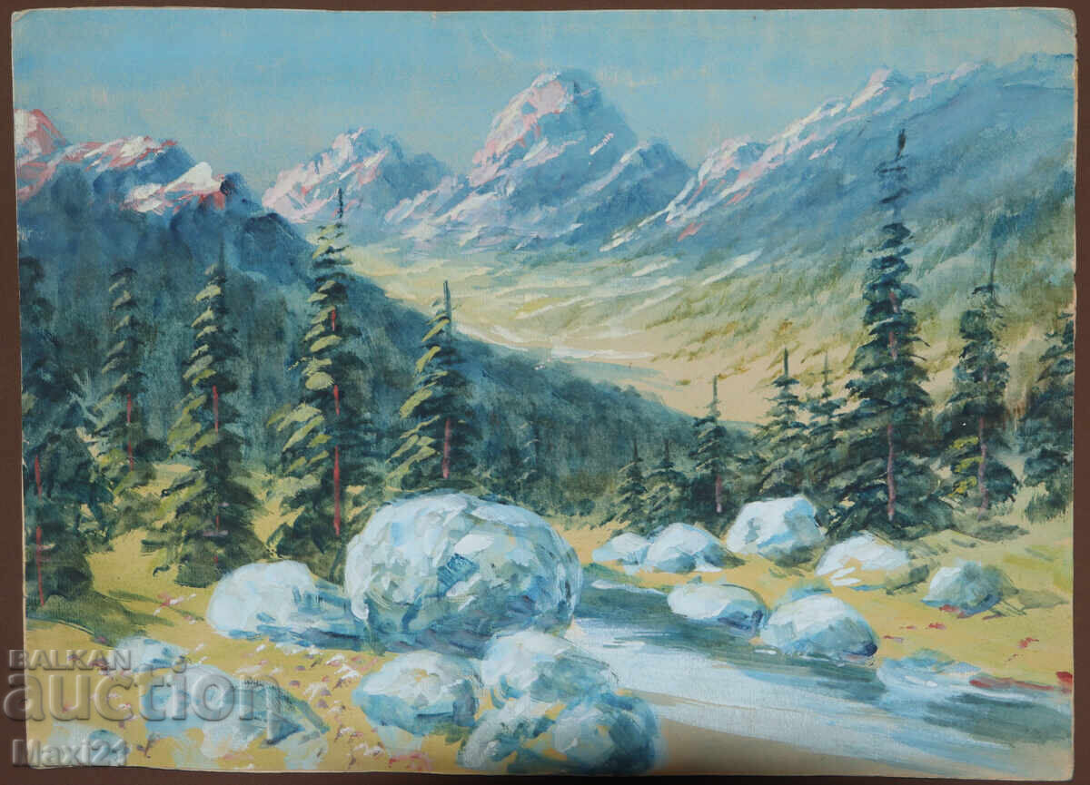 Old gouache painting, beautiful mountain landscape with price 200.00 BGN | € 102.26