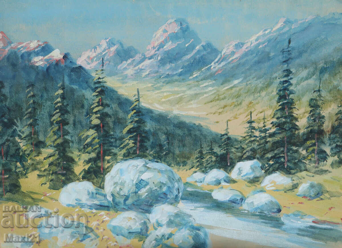 Auction  Old gouache painting, beautiful mountain landscape