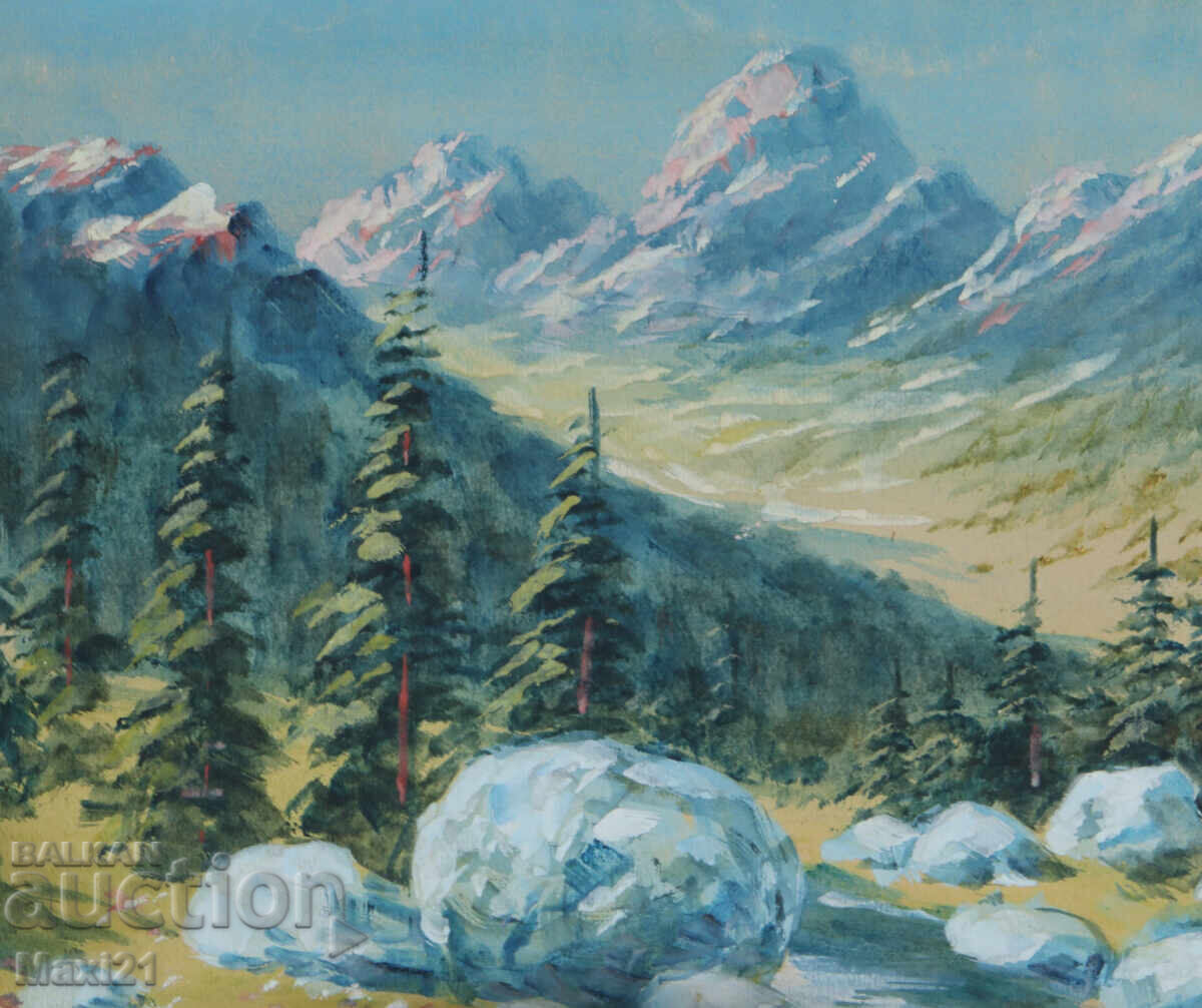 Delivery of Old gouache painting, beautiful mountain landscape