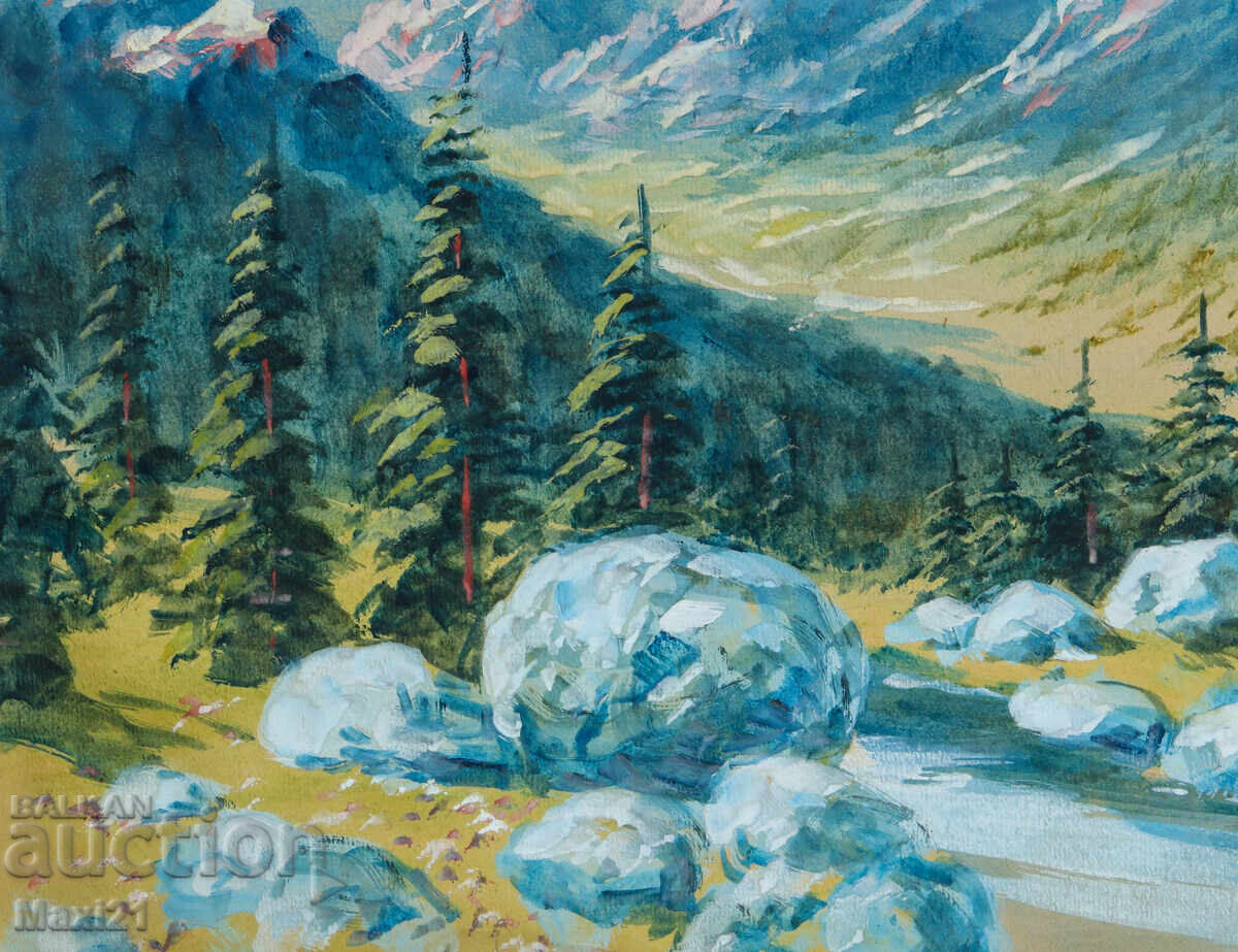 Old gouache painting, beautiful mountain landscape - 5