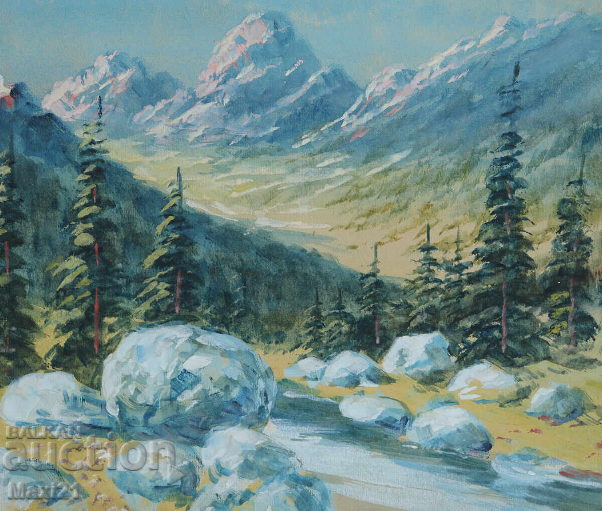 Old gouache painting, beautiful mountain landscape - 6