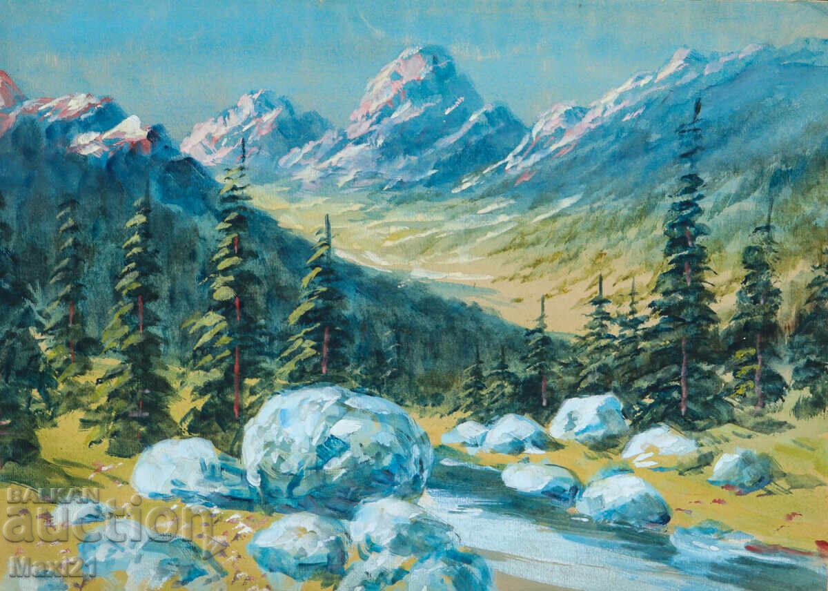 Old gouache painting, beautiful mountain landscape