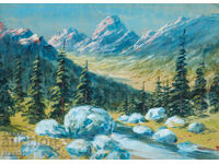 Old gouache painting, beautiful mountain landscape