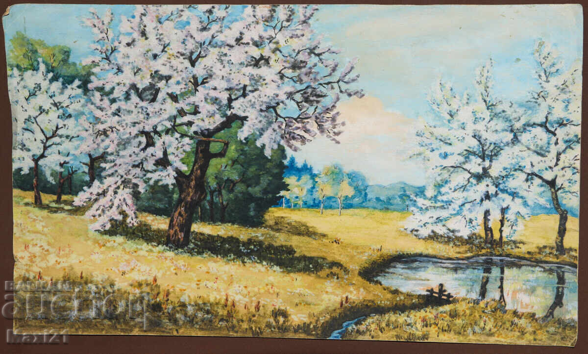 Old gouache painting, beautiful spring landscape with price 240.00 BGN | € 122.71 Old gouache painting, beautiful spring landscape with price 240.00 BGN | € 122.71