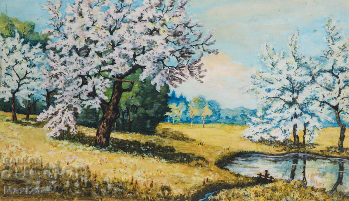 Auction Old gouache painting, beautiful spring landscape Auction Old gouache painting, beautiful spring landscape