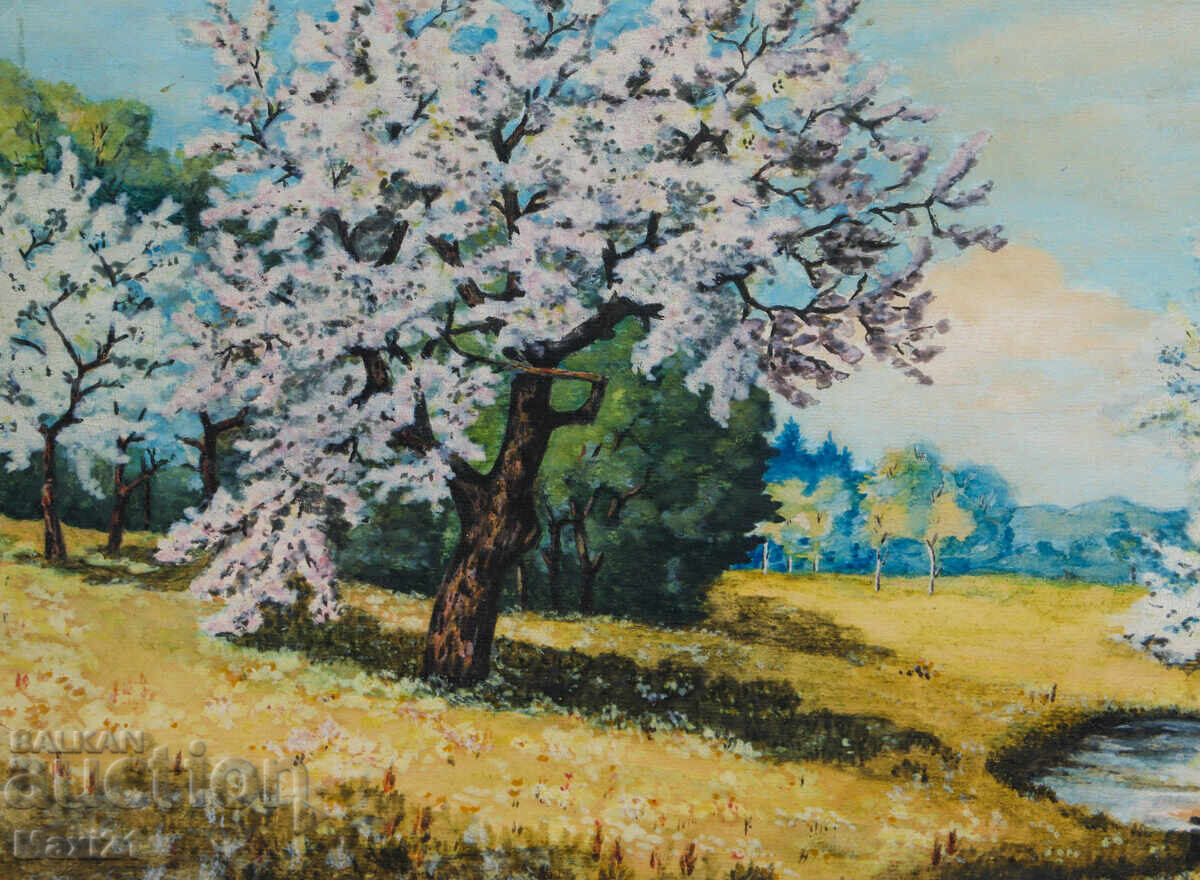 Delivery of Old gouache painting, beautiful spring landscape Delivery of Old gouache painting, beautiful spring landscape