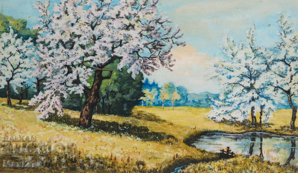 Old gouache painting, beautiful spring landscape Old gouache painting, beautiful spring landscape