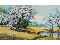 Old gouache painting, beautiful spring landscape