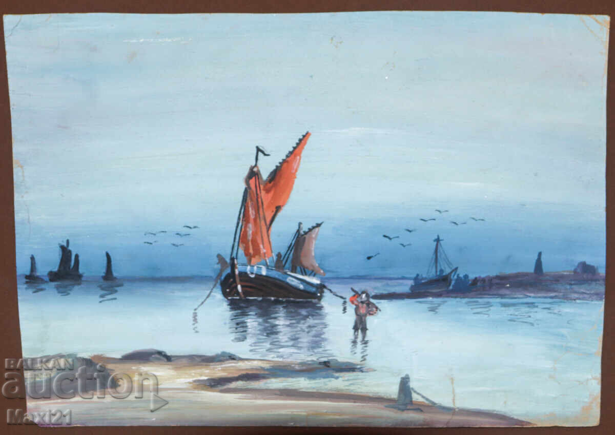 Πίνακας γκουάς θαλασσινό τοπίο ψαροκάικο με τιμή 200.00 BGN | € 102.26