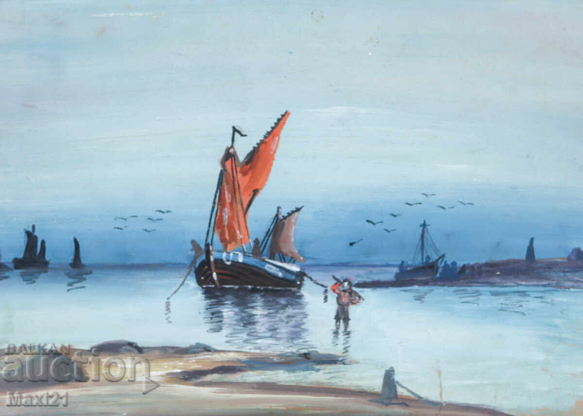Δημοπρασία Πίνακας γκουάς θαλασσινό τοπίο ψαροκάικο