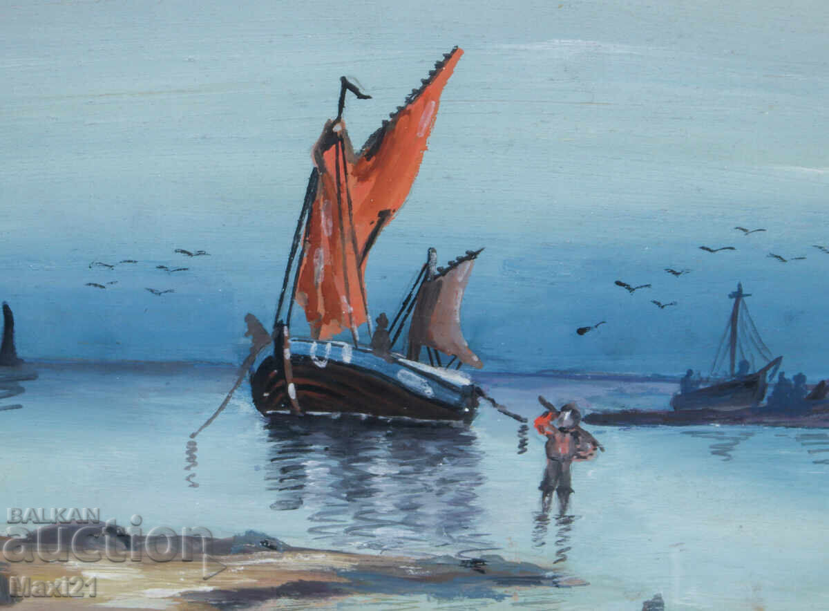 Πίνακας γκουάς θαλασσινό τοπίο ψαροκάικο - 5