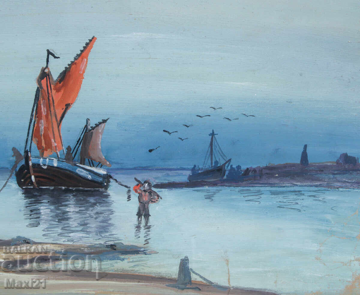 Πίνακας γκουάς θαλασσινό τοπίο ψαροκάικο - 6