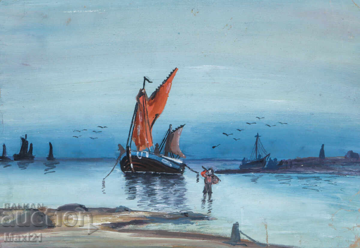 Πίνακας γκουάς θαλασσινό τοπίο ψαροκάικο