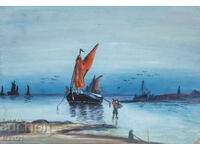 Gouache painting, seascape, fishing boat