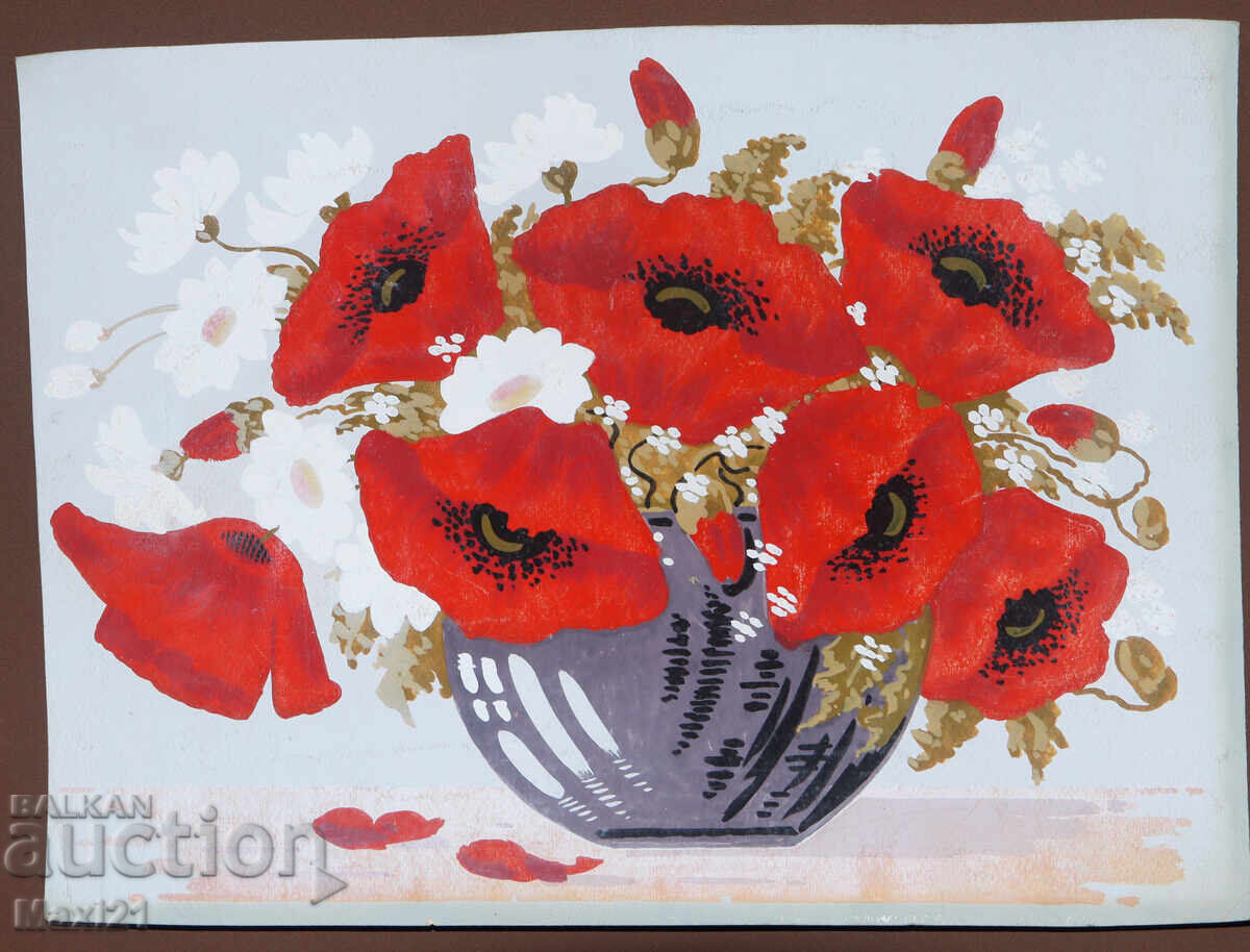 Картина гваш натюрморт ваза с макове с цена 200.00 лв. | € 102.26