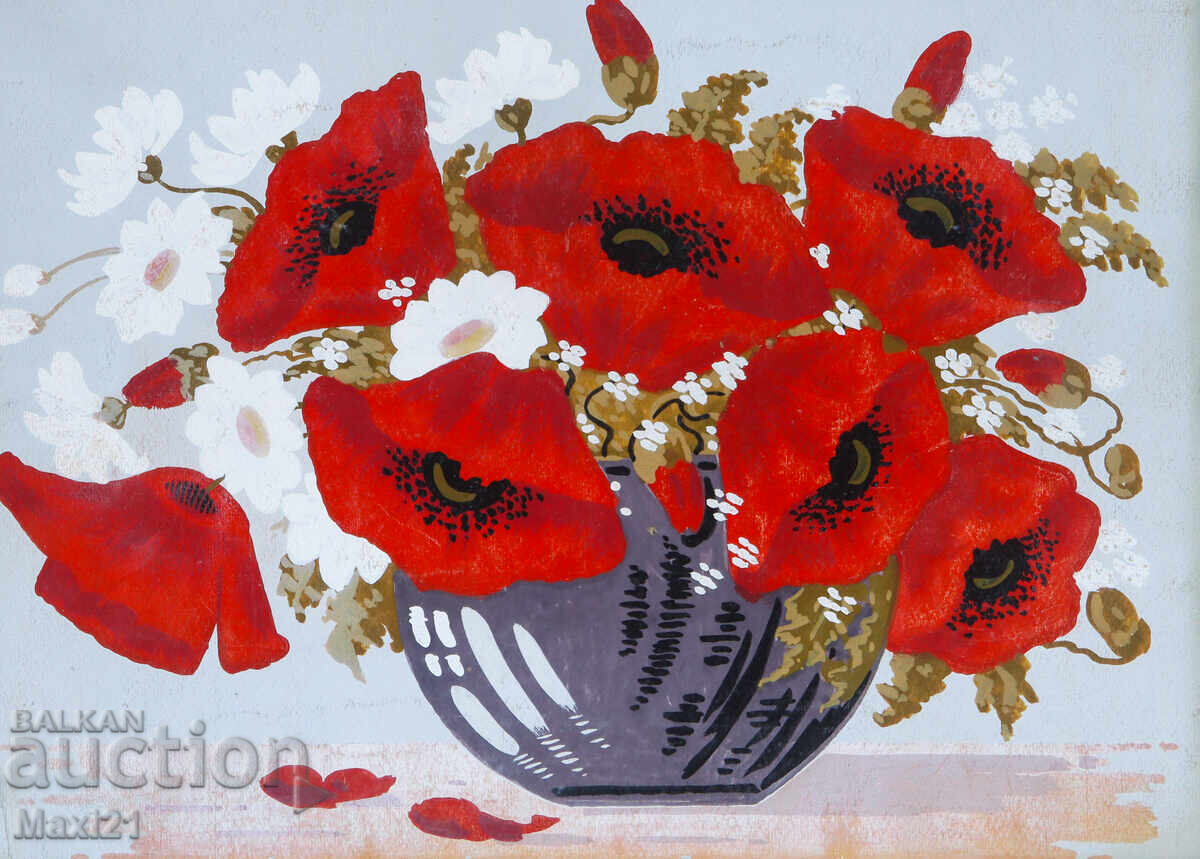 Аукцион Картина гваш натюрморт ваза с макове