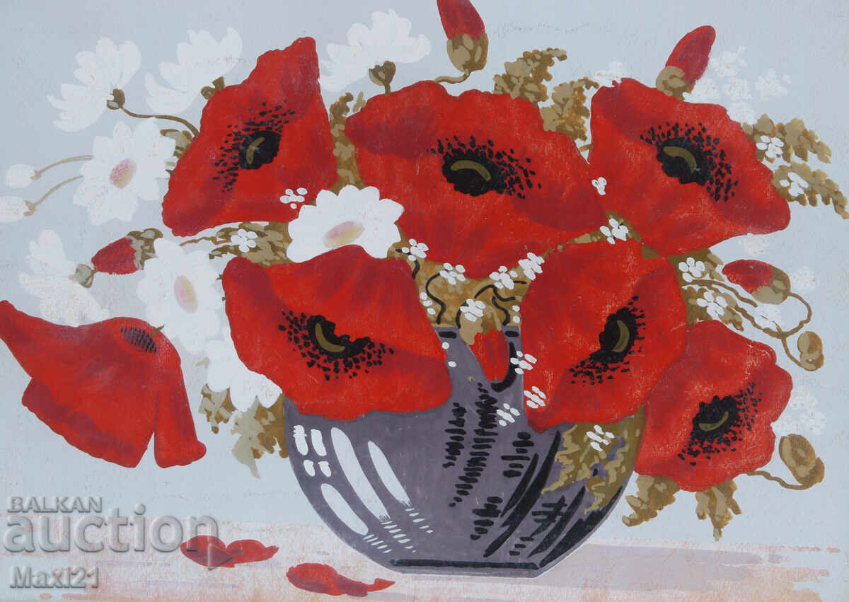 Картина гваш натюрморт ваза с макове - 5