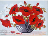 Gouache painting still life vase with poppies
