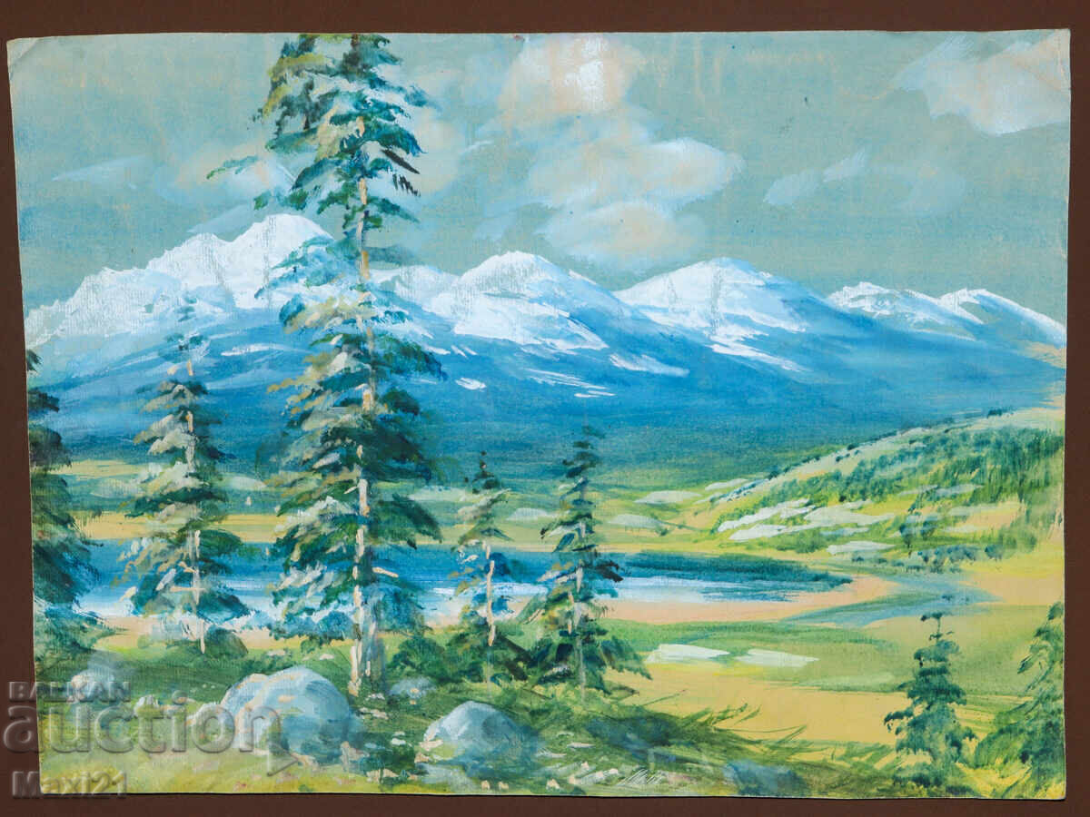 Old gouache painting, beautiful mountain landscape with price 200.00 BGN | € 102.26