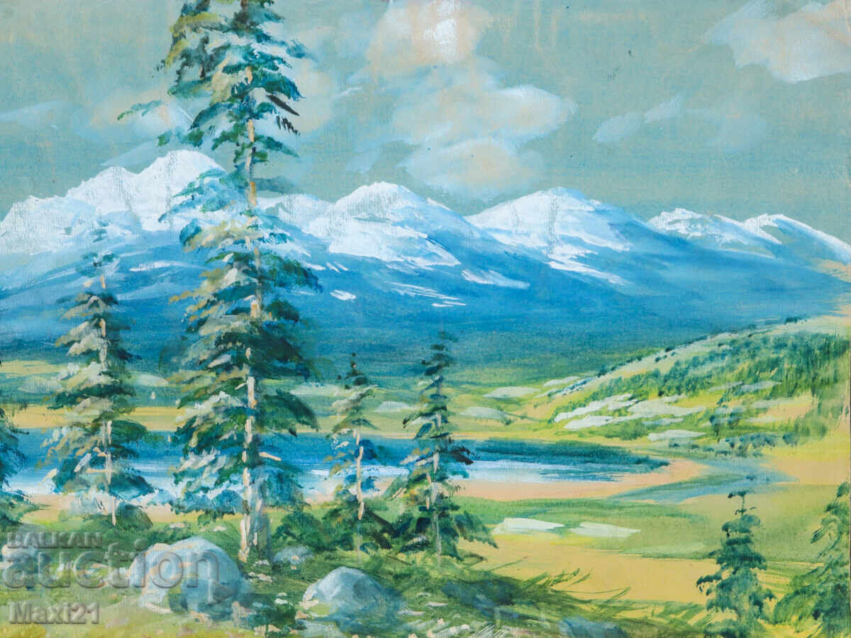 Auction  Old gouache painting, beautiful mountain landscape