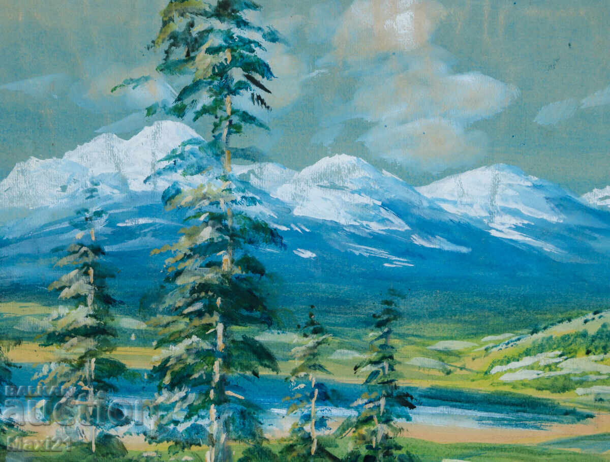 Delivery of Old gouache painting, beautiful mountain landscape