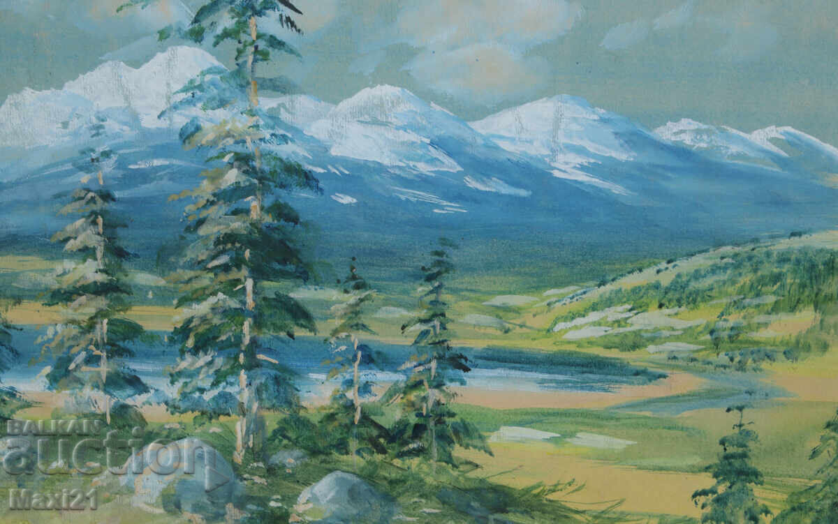 Old gouache painting, beautiful mountain landscape - 5