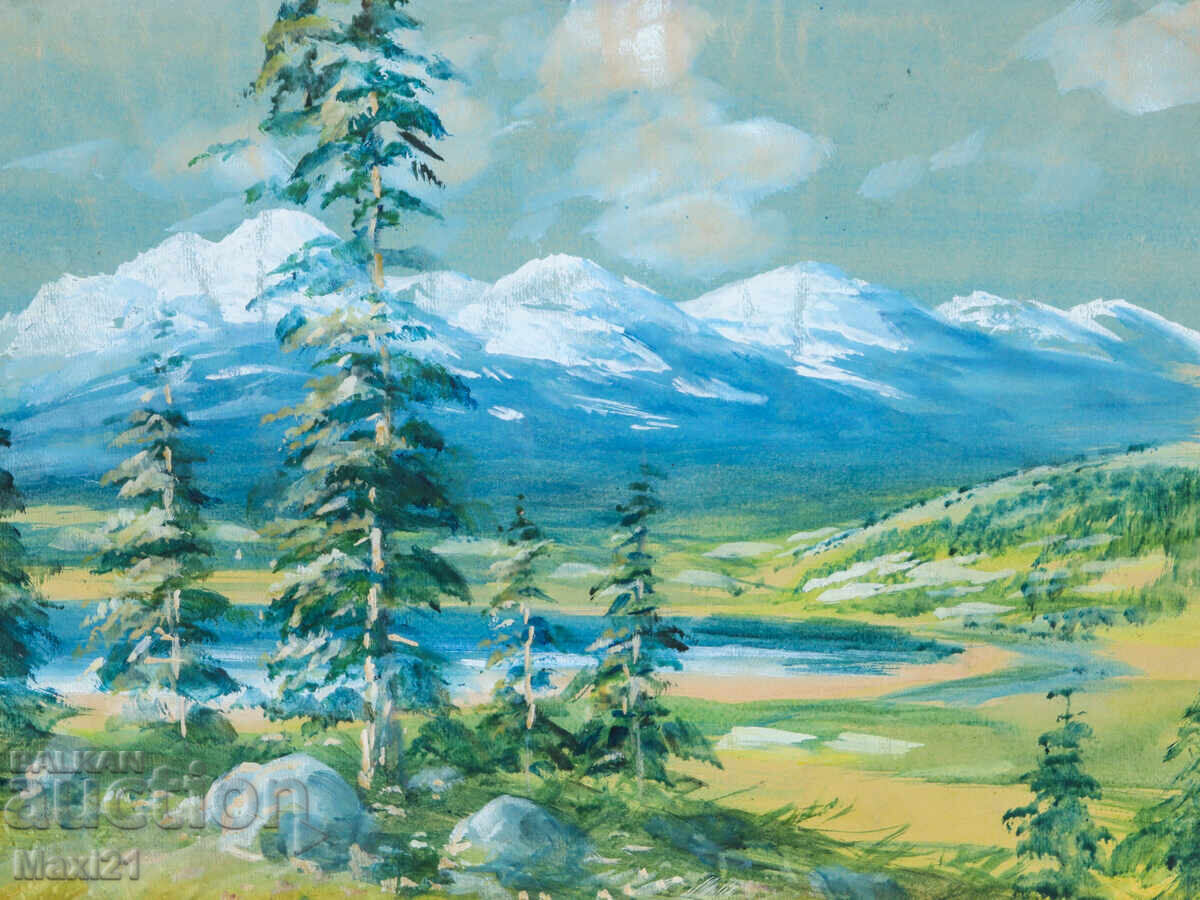Old gouache painting, beautiful mountain landscape