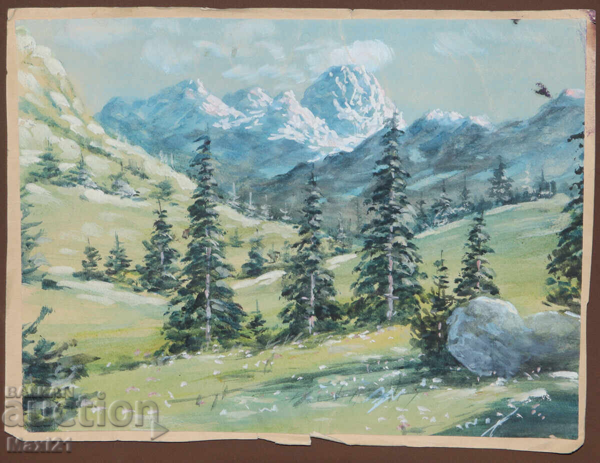 Old gouache painting, mountain landscape with price 200.00 BGN | € 102.26