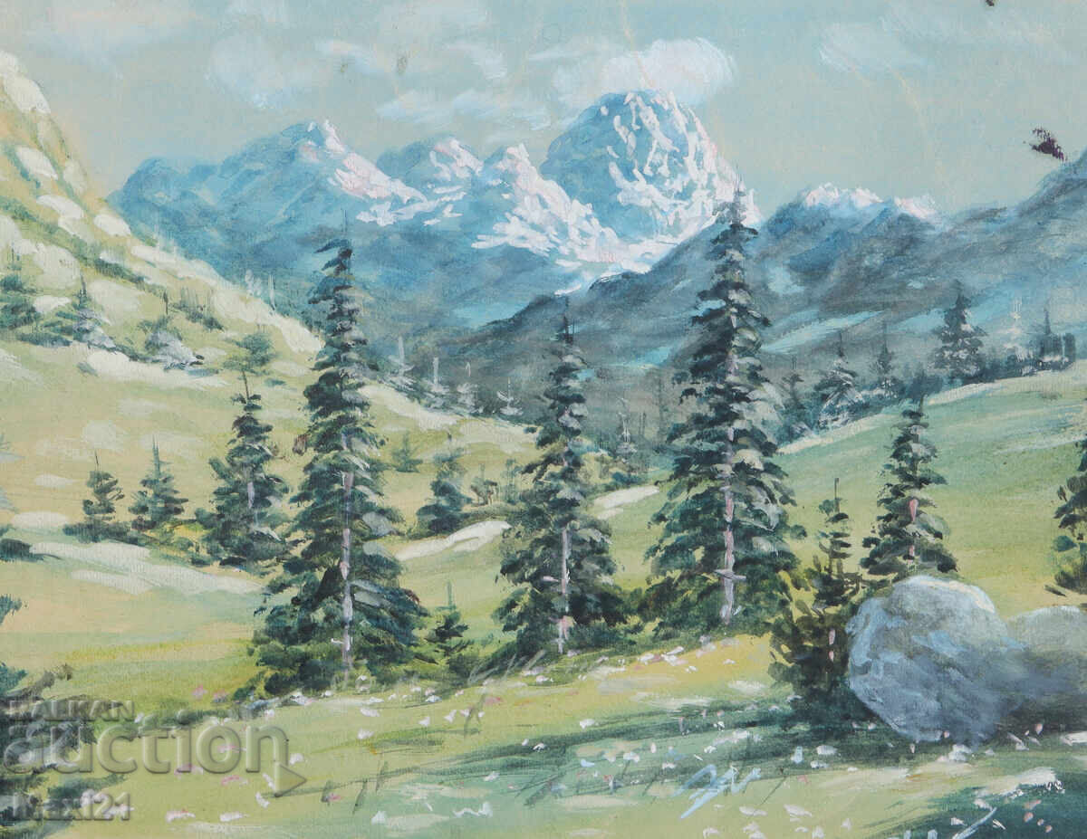 Auction  Old gouache painting, mountain landscape