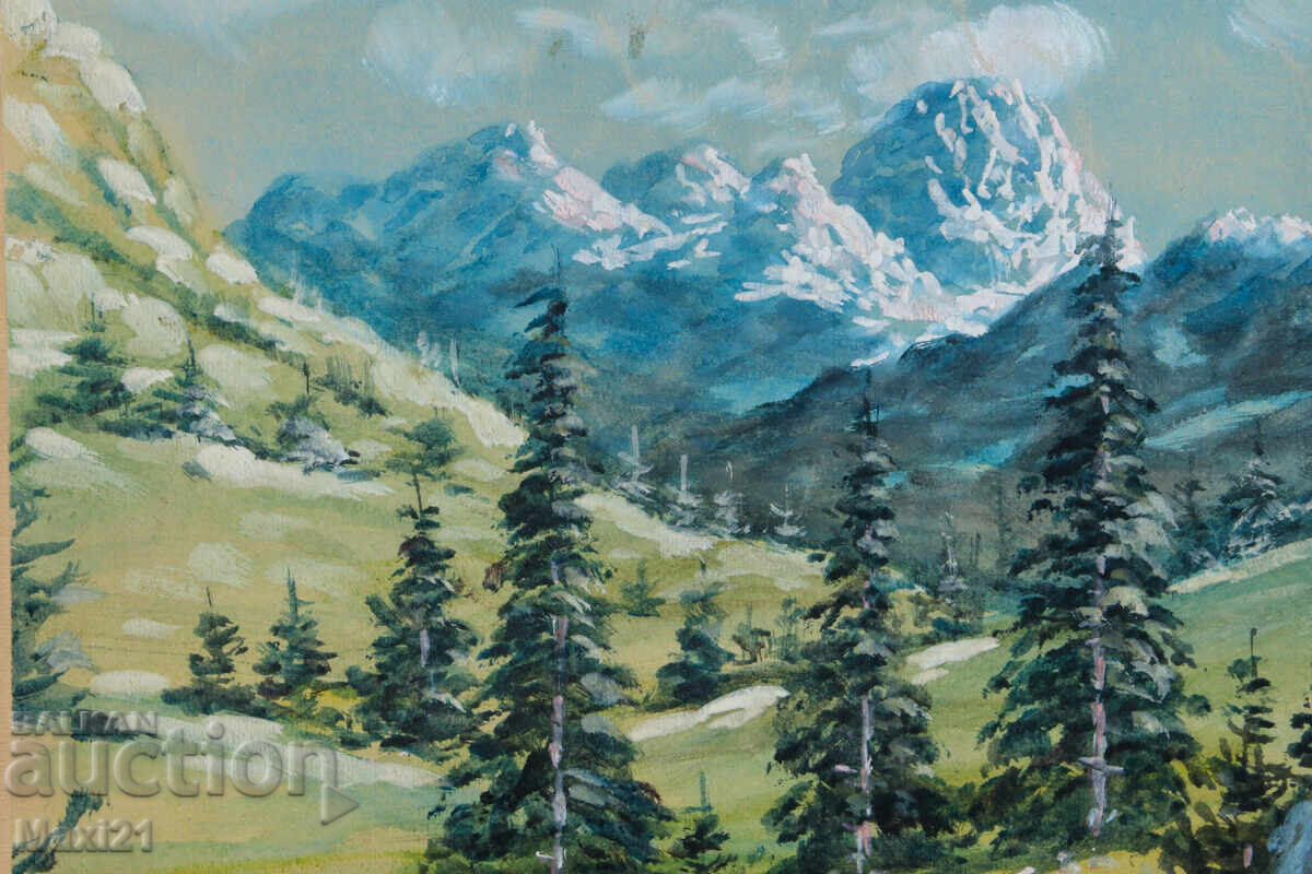 Delivery of Old gouache painting, mountain landscape