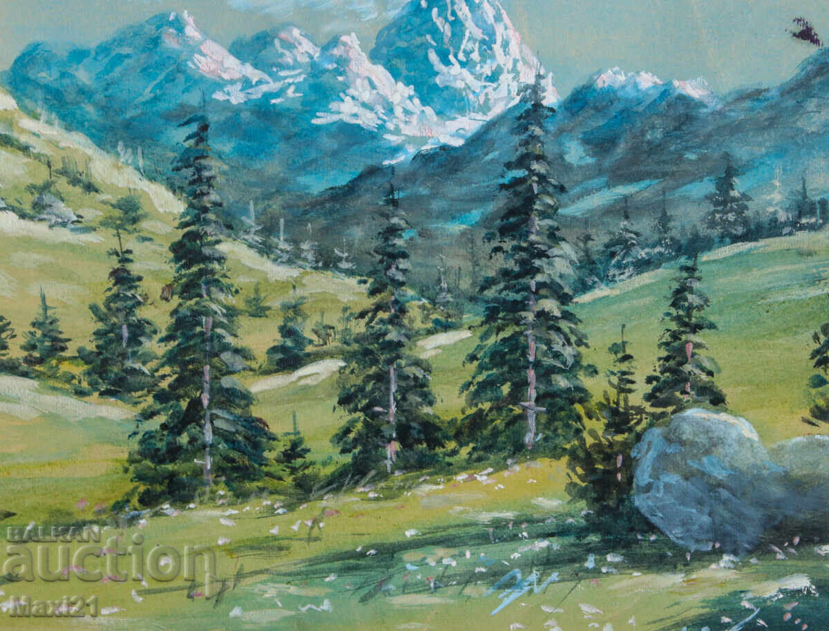Old gouache painting, mountain landscape - 5