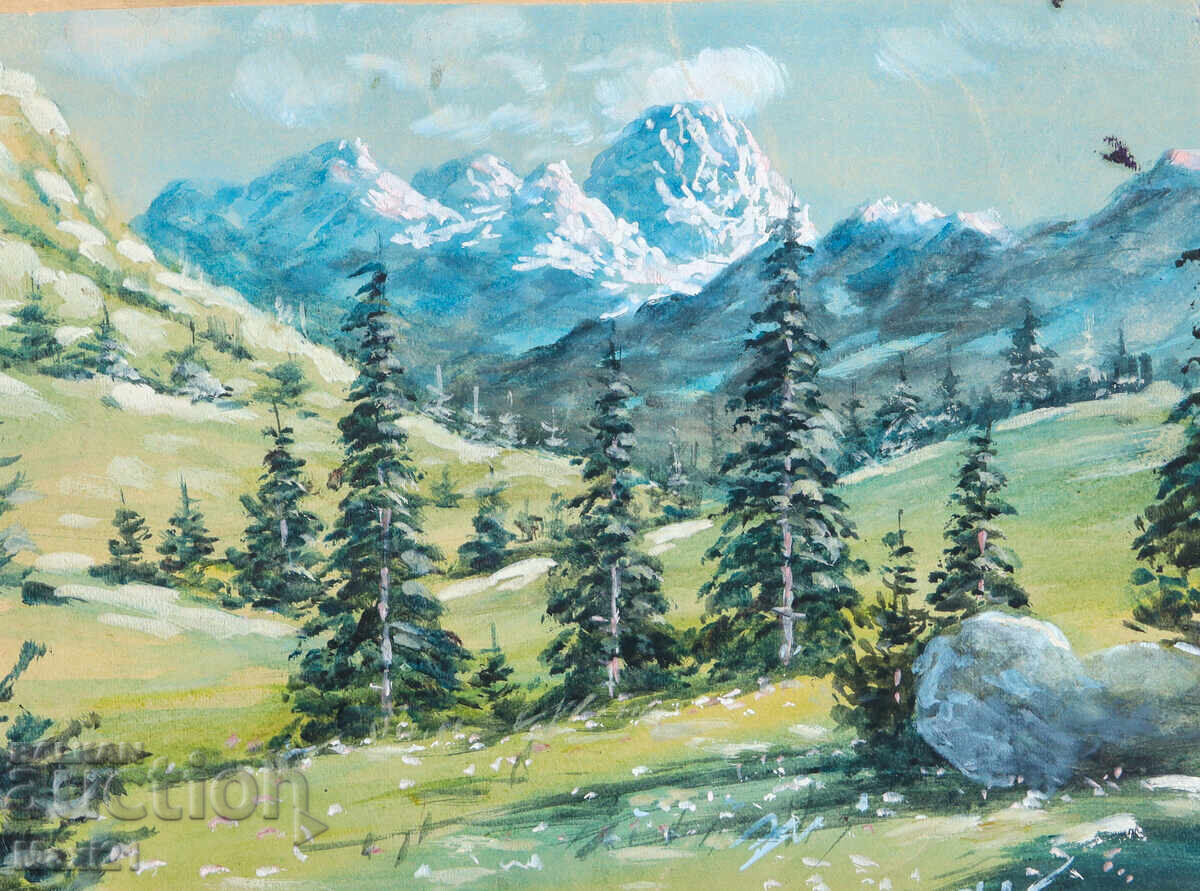 Old gouache painting, mountain landscape