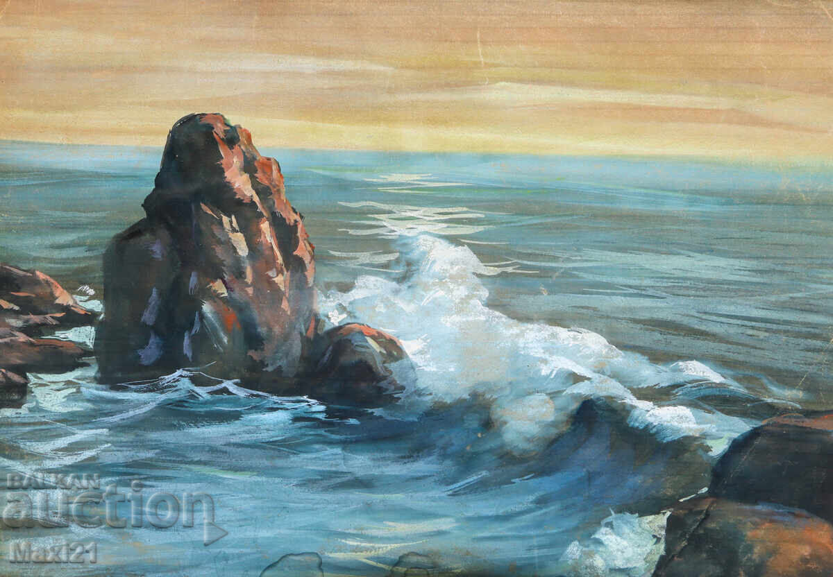 Παλιός πίνακας γκουάς βραχώδους θαλάσσιου τοπίου με τιμή 200.00 BGN | € 102.26