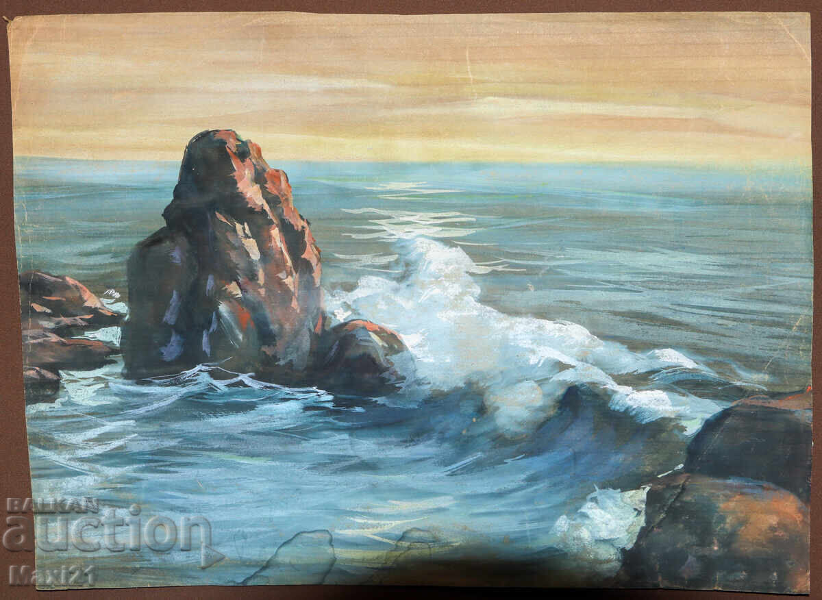Δημοπρασία Παλιός πίνακας γκουάς βραχώδους θαλάσσιου τοπίου