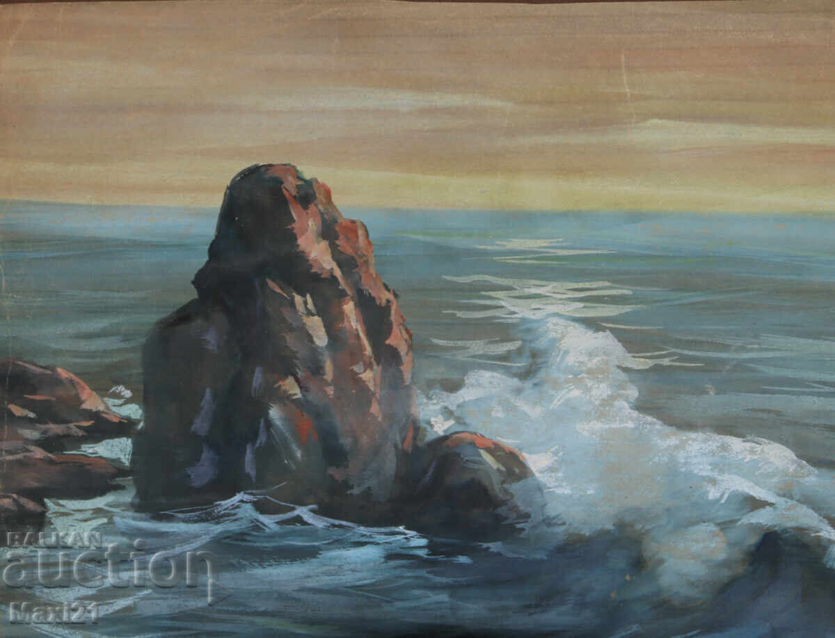 Παράδοση Παλιός πίνακας γκουάς βραχώδους θαλάσσιου τοπίου