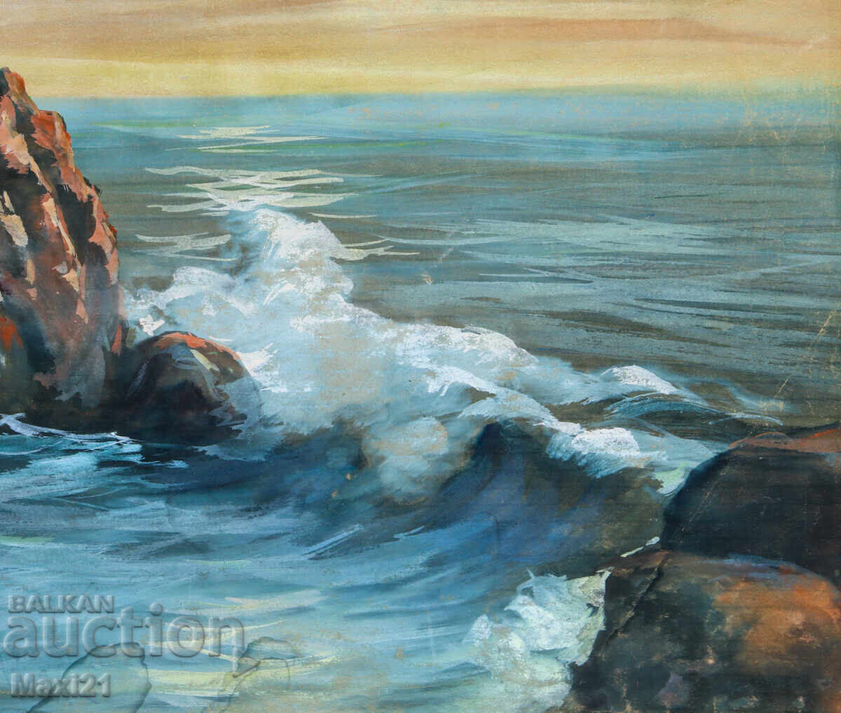 Παλιός πίνακας γκουάς βραχώδους θαλάσσιου τοπίου - 5